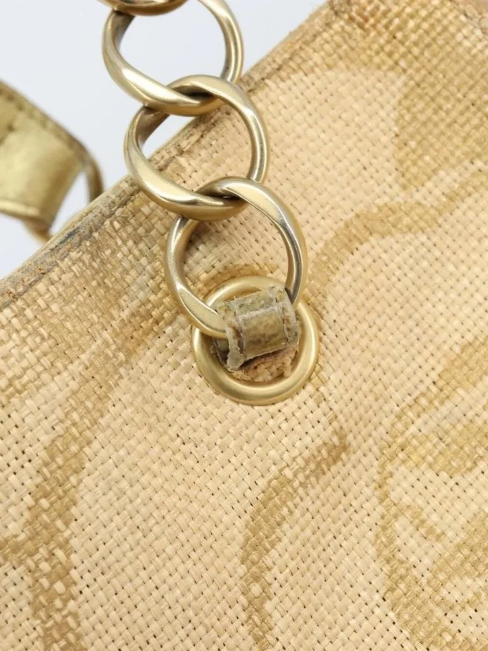 CHANEL Tote Bag Straw Beige Gold CC Auth bs33645